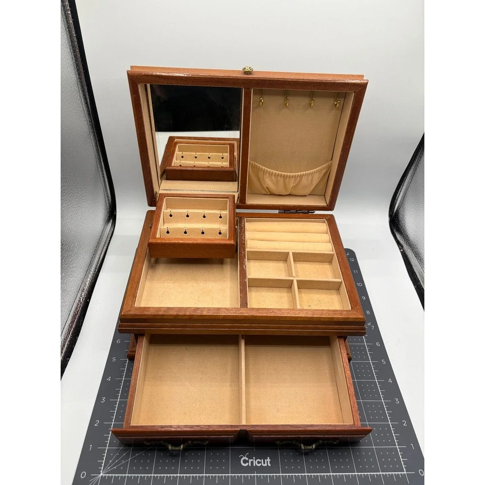 Vintage Wooden Jewelry Box Burl Wood Lid Mirror Swing Tray Drawer Organizer